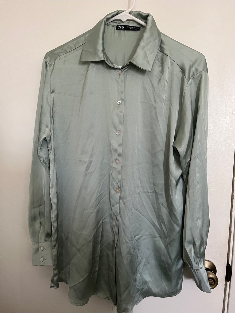 Zara Green Silky Button Down Long Sleeve Blouse